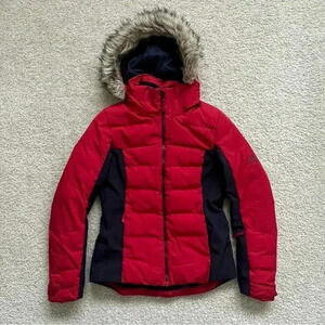 Salomon Stormcozy Jacket Coat Ski Snow Puffer Women Size XS Red/Blue Hooded $250